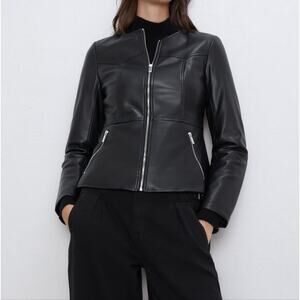 Zara Black Faux Leather Collarless Moto Biker Jacket Full Zip Fitted Small